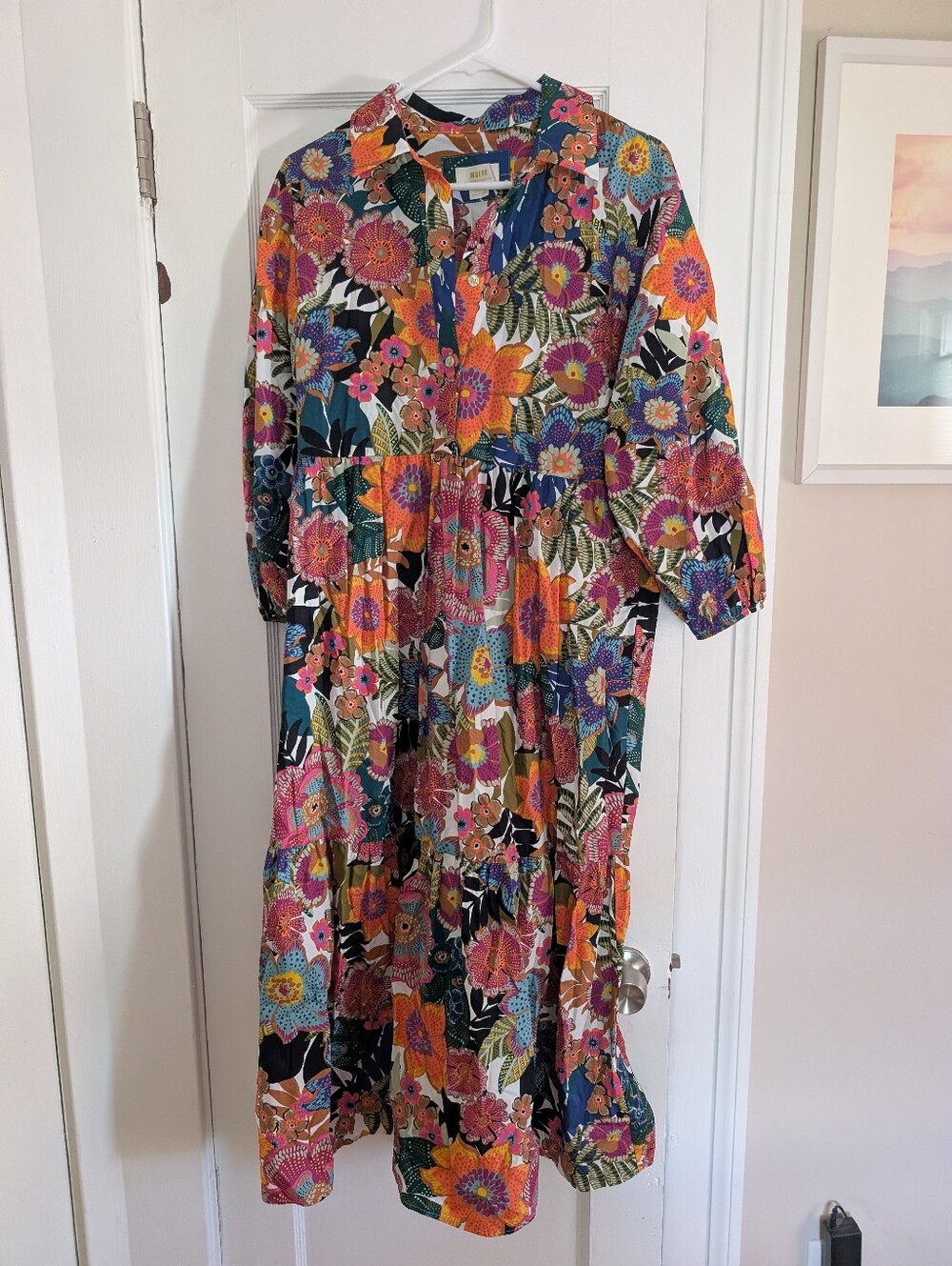 Floral Multicolor Midi Dress with Buttoned Bib - Picture 2 of 3